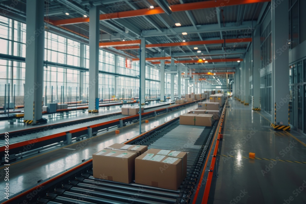 Poster automated logistics center with parcels and robotic sorting systems