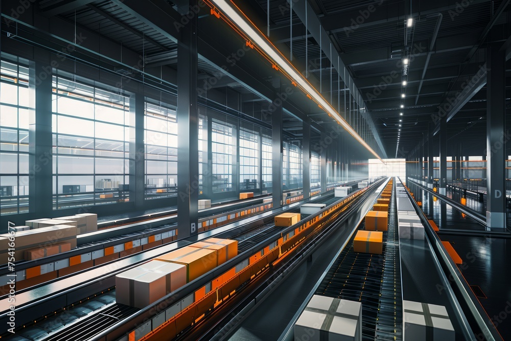 Poster automated logistics center with parcels and robotic sorting systems