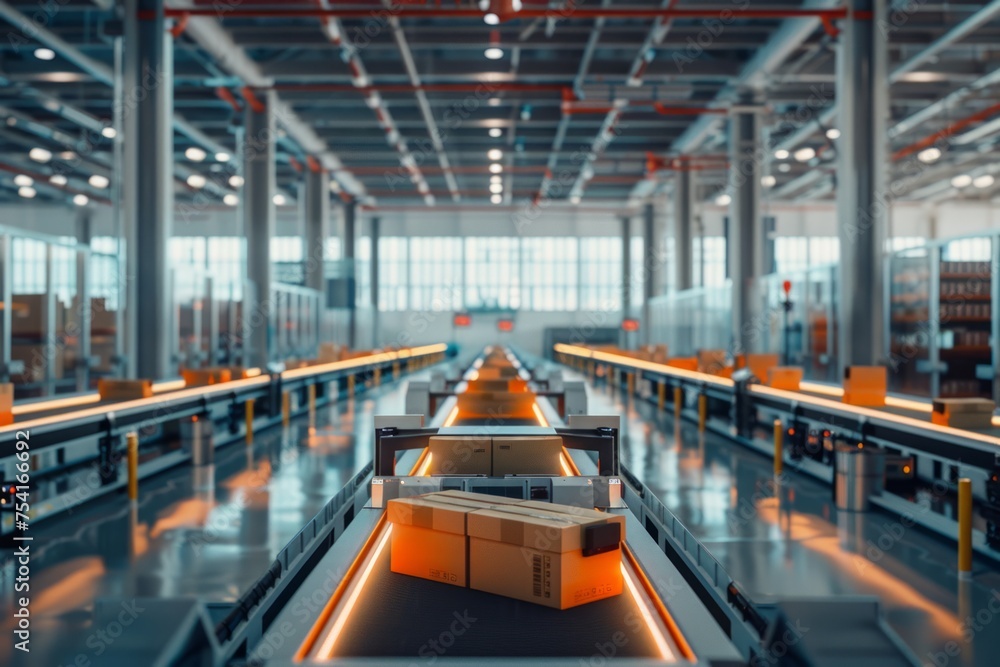 Poster automated logistics center with parcels and robotic sorting systems