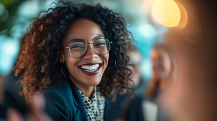 A dynamic image that captures the happy smile of a businesswoman interacting with coworkers in a cooperative workspace - obrazy, fototapety, plakaty