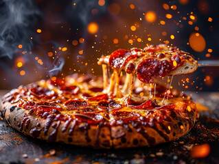 Delicious pizza photography, explosion flavors, studio lighting, studio background, well-lit, vibrant colors, sharp-focus, high-quality, artistic, unique