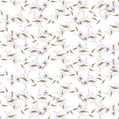 Watercolor pattern with the purple, pink  flowers and wild herbs. - 754167033