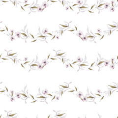 Watercolor pattern with the purple, pink  flowers and wild herbs.