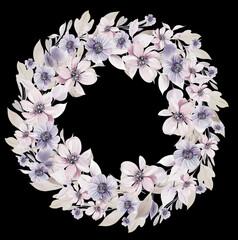 Watercolor wedding wreath with flowers and leaves. - 754167240
