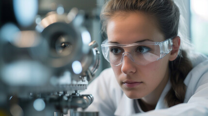 A female engineer wearing safety goggles and inspecting a mechanical component with precision
