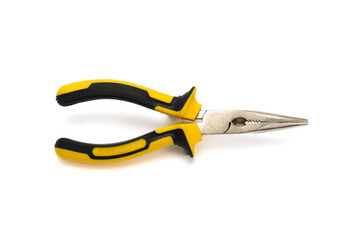 Obraz premium Long needle nose pliers with plastic handle on white background.