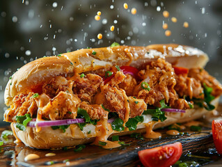 Delicious po-boy photography, explosion flavors, studio lighting, studio background, well-lit, vibrant colors, sharp-focus, high-quality, artistic, unique