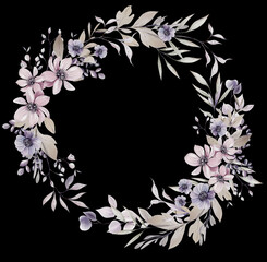 Watercolor wedding wreath with flowers and leaves.