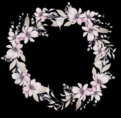 Watercolor wedding wreath with flowers and leaves. - 754167422