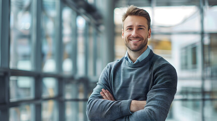 portrait of a young businessman smiling, looking at camera standing in office, generative ai