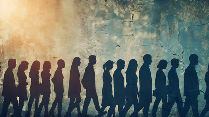 Silhouetted People Walking in Line Against Textured Wall with Sun Flare
