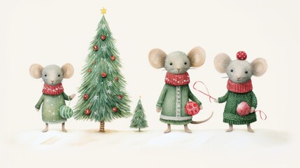 A charming watercolor illustration featuring a festive mouse family near a Christmas tree, designed in a Scandinavian red-green boho style. Postcard-style against a white background.