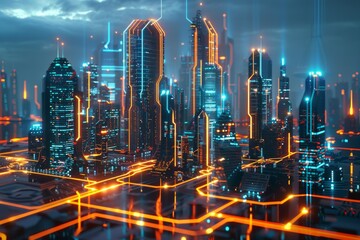 Futuristic digital cityscape with neon circuit lines