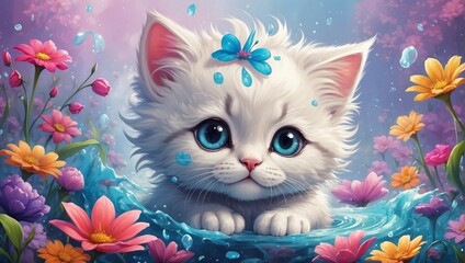 STICKER, A detailed a print of vivid cute kitten head, fantasy flowers splash