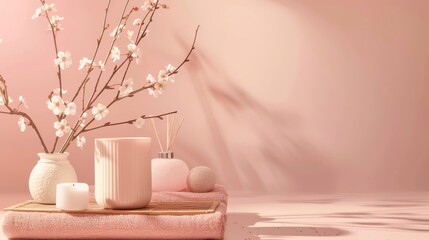 A soothing spa setup with cherry blossoms in a vase, a scented candle, and bath accessories casting soft shadows on a pastel pink background.