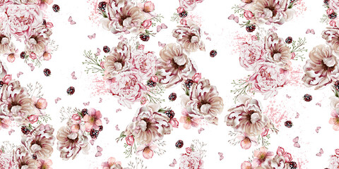 Watercolor tender floral seamless pattern with peony flowers and herbs. - 754168066