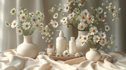 Gentle Skincare Products and Daisies on Soft Fabric