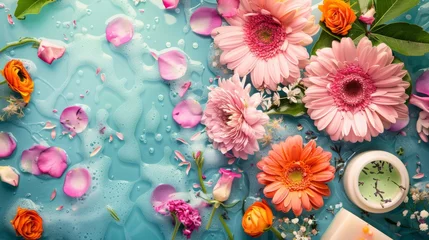 Fotobehang Vivid gerbera flowers and rose petals are scattered on a watery surface, creating a luxurious and indulgent aromatherapy and bath time setting. © doraclub
