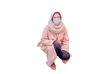 A woman in a medical mask sits in a hut in the forest, isolated on a white background. Tourist hiding from epidemic of coronavirus