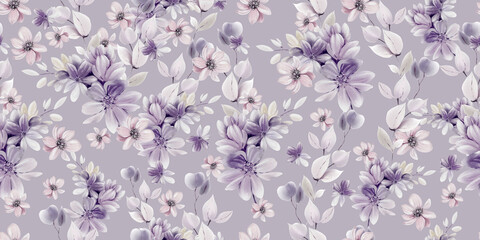 Watercolor pattern with the different purple  flowers and wild herbs.