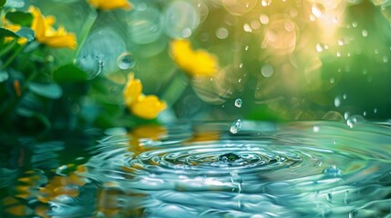 Naklejka na ściany i meble Crystal clear raindrops fall, creating tranquil ripples on a water surface, with a bokeh effect of sunlit yellow flowers in the background.