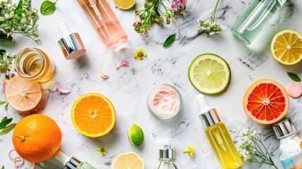 Vibrant Skincare Essentials with Citrus Fruits on Marble - obrazy, fototapety, plakaty