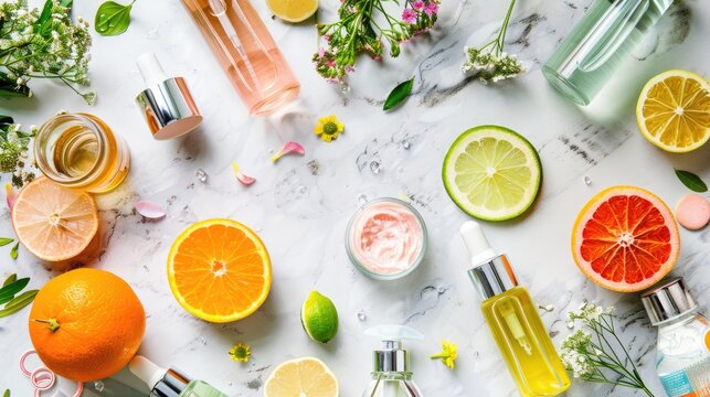 Vibrant Skincare Essentials with Citrus Fruits on Marble