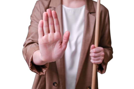Woman teacher with stop hand gesture on studio isolated on a white background, copy space