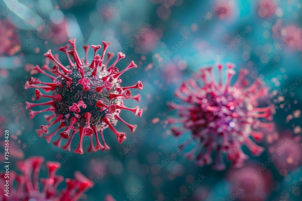 Poster close-up of a virus particle with smaller particles around it.