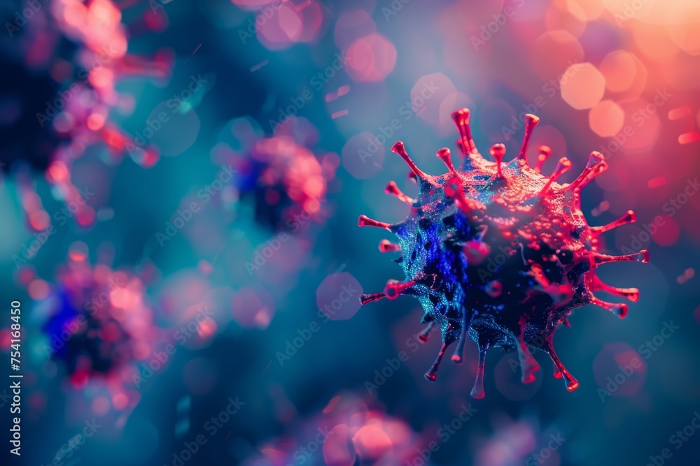 Poster close-up of a virus particle with smaller particles around it.
