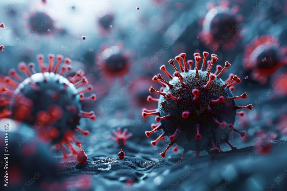 Poster close-up of a virus particle with smaller particles around it.