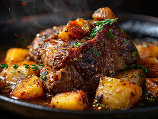 Delicious pot roast photography, explosion flavors, studio lighting, studio background, well-lit, vibrant colors, sharp-focus, high-quality, artistic, unique, award-winning photograph