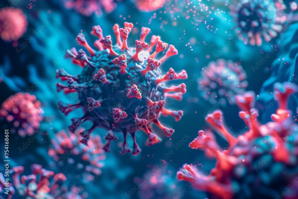 Poster close-up of a virus particle with smaller particles around it.