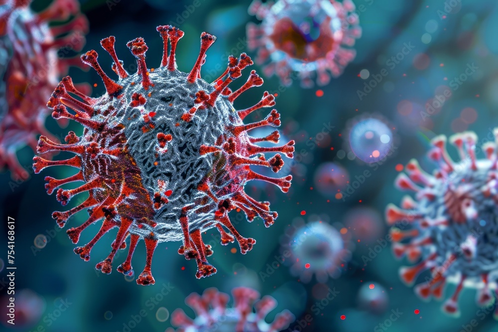 Poster close-up of a virus particle with smaller particles around it.