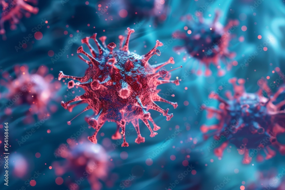 Poster close-up of a virus particle with smaller particles around it.