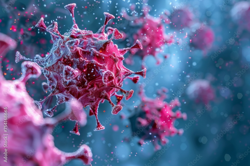 Poster close-up of a virus particle with smaller particles around it.
