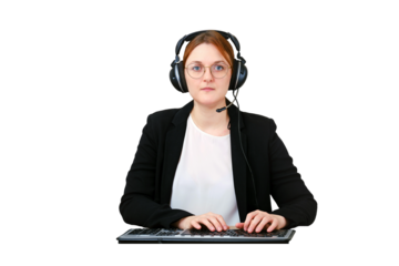 A business woman sits in a home kitchen during an online conference during isolation due to the coronavirus pandemic, isolated on a white background. Video call and screen view when working remotely