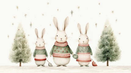 A charming watercolor illustration featuring a festive rabbit family near a Christmas tree, designed in a Scandinavian red-green boho style. Postcard-style against a white background.