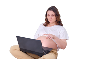 Pregnant woman boss gives instructions when working from home, isolated on a white background. Businesswoman during pregnancy at remote work online
