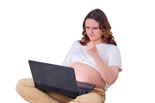 Pregnant woman at home bed with laptop evil showing fist in online conference, isolated on a white background