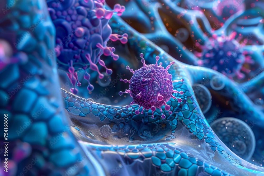 Poster detailed image of a virus particle interacting with cellular structures.