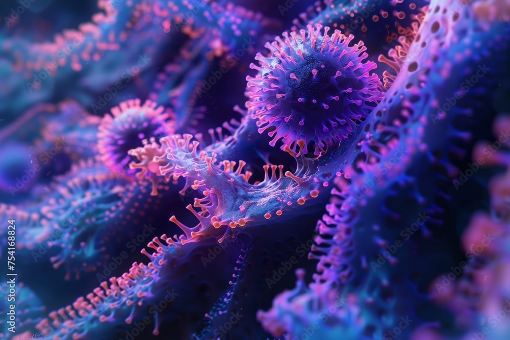 Poster detailed image of a virus particle interacting with cellular structures.