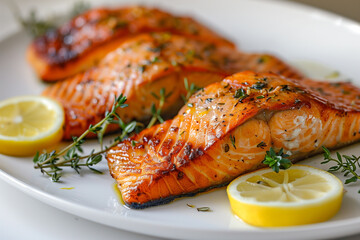 Grilled salmon fillets with herbs - obrazy, fototapety, plakaty