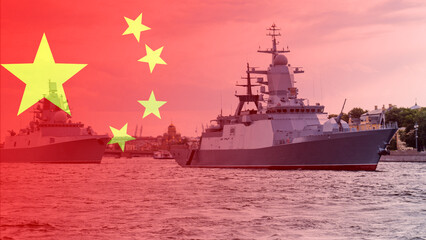 Chinese warship on flag background, Warships of China. © Антон Скрипачев