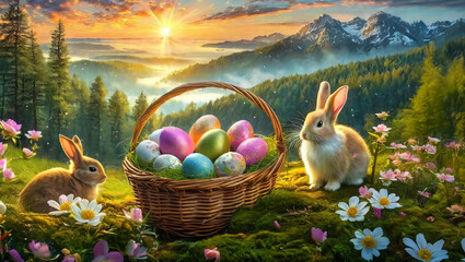 Lapin dans un bois avec des œufs de Pâques décorés dans un panier au lever du soleil.
