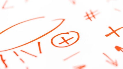 Red Marker Symbols Isolated on White Background. Miscellaneous red marker signs on white background, plus sign, minus sign, red marker stroke, ellipse drawn red marker, colon red marker.