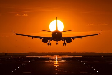 Airplane landing at sunset with the sun directly behind it.