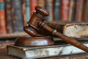 Justice in literature. Judge gavel and old law book on a wooden table. - obrazy, fototapety, plakaty