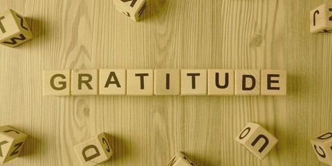 gratitude word made with building blocks. Wooden Blocks with the text: gratitude. The text is written in black letters.