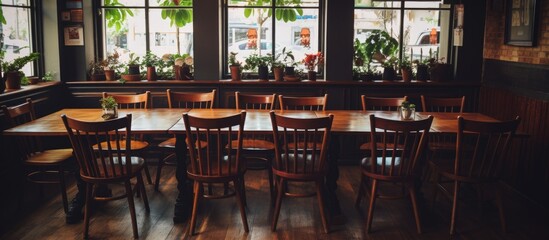 A long table surrounded by chairs is placed in a room filled with natural light pouring in from large windows. The setting offers a cozy and inviting space for dining or socializing.